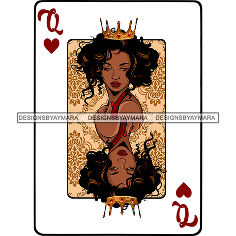 Queen Of Hearts Crown Card Casino Poker Game Upside Down Tan Background Afro Woman Curly Hairstyle SVG Cutting Files For Silhouette Cricut More