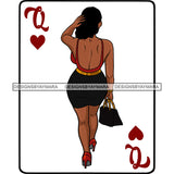 Queen Of Hearts Card Casino Poker Game Afro Woman Model Back View Heels Black Magic Curly Hair SVG Cutting Files For Silhouette Cricut More