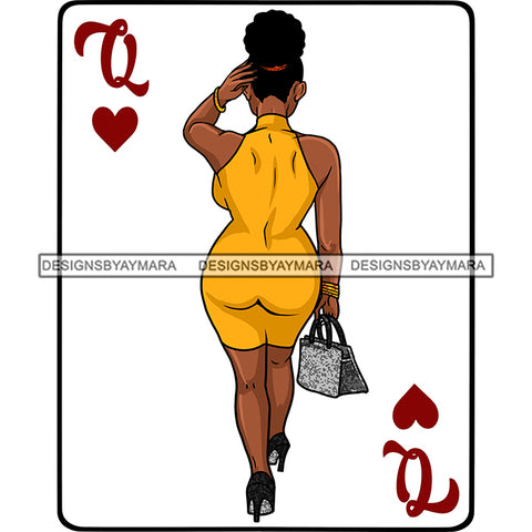 Queen Of Hearts Card Casino Poker Game Afro Woman Model Back View Heels Yellow Dress Bun Hairstyle SVG Cutting Files For Silhouette Cricut More