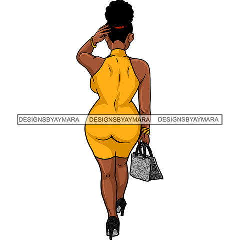 Afro Woman Model Back View Sexy Hipster Ebony Fashion Diva Nubian Yellow Dress Bun Hair SVG Cutting Files For Silhouette Cricut