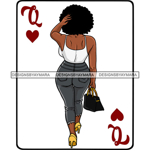 Queen Of Hearts Card Casino Poker Game Afro Woman Model Back View Heels Black Magic Afro Hair SVG Cutting Files For Silhouette Cricut More