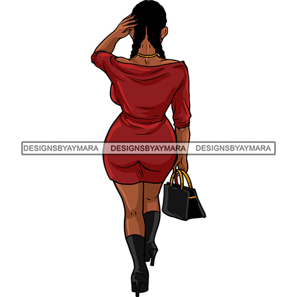 Afro Woman Model Back View Sexy Hipster Ebony Fashion Diva Nubian Red Dress Braids Hairstyle SVG Cutting Files For Silhouette Cricut