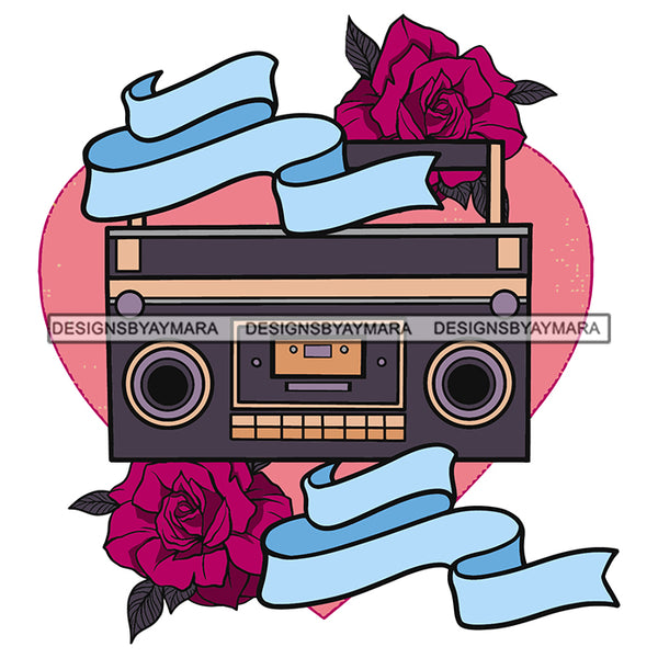 Colorful Radio With Flowers Rose Pink Heart Ribbon Roses SVG JPG PNG Vector Clipart Cricut Silhouette Cut Cutting