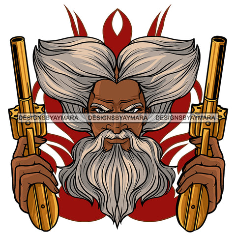 Gangster Man White Hairs Mustache Long Beard Holding Gold Guns Revolvers Pistols Both Hands SVG JPG PNG Vector Clipart Cricut Silhouette Cut Cutting