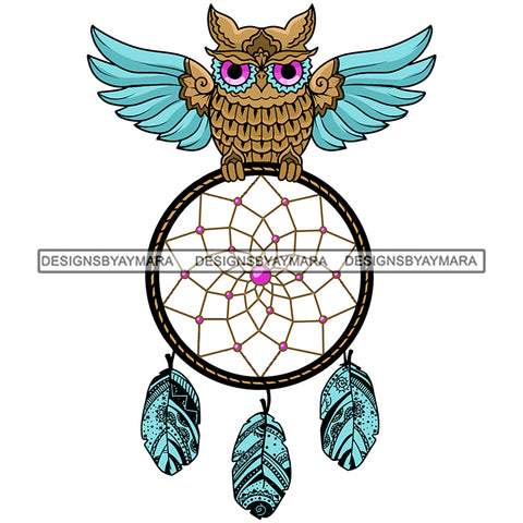 Dream Catcher Owl Blue Wings Leaves SVG JPG PNG Vector Clipart Cricut Silhouette Cut Cutting