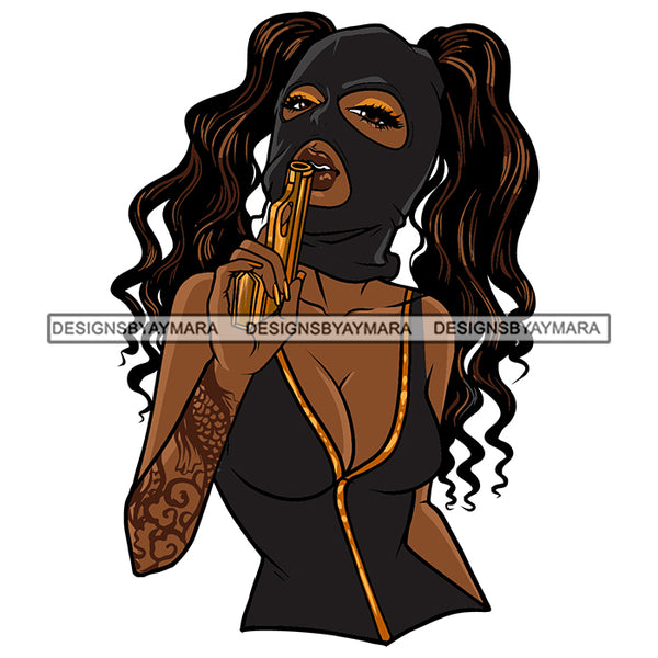 Gangster Woman Tattoo Arm Holding Gold Gun Thief Robber 3 Hole Face Mask Melanin Black Girl Magic African American Lady SVG JPG PNG Vector Clipart Cricut Silhouette Cut Cutting