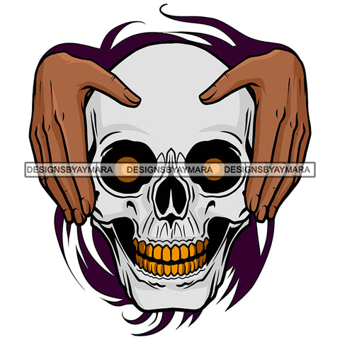 Human Hands Holding Horror Skeleton Scary Bone Skull Head Evil Face Gold Teeth Eyeballs SVG JPG PNG Vector Clipart Cricut Silhouette Cut Cutting