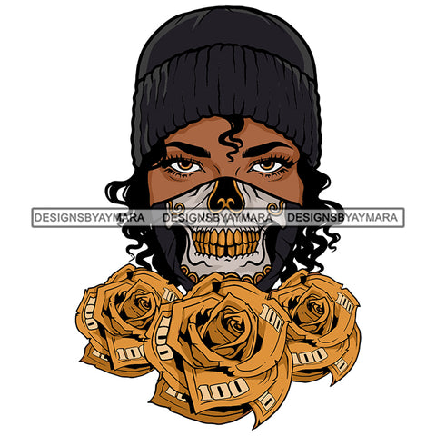 Horror Human Face Half Skeleton Scary Bone Skull Head Evil Face Gold Teeth Black Beanie Gold Flowers SVG JPG PNG Vector Clipart Cricut Silhouette Cut Cutting