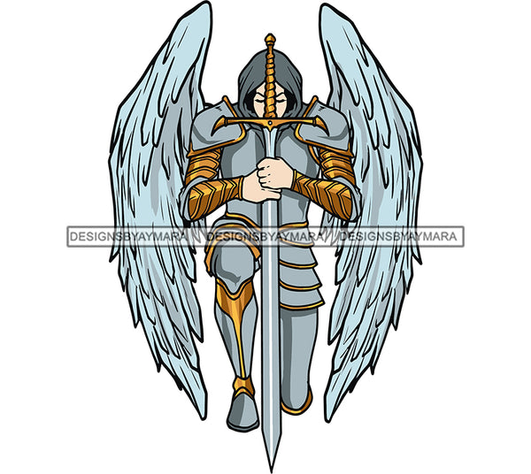 Angle God Holding Sword Hard Praying Design Element War Action And War Dress Angle Wing White Background SVG JPG PNG Vector Clipart Cricut Silhouette Cut Cutting