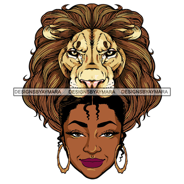 Lion Holding Black Woman Head Smiling Face Earrings Melanin Girl Magic African American Lady SVG JPG PNG Vector Clipart Cricut Silhouette Cut Cutting