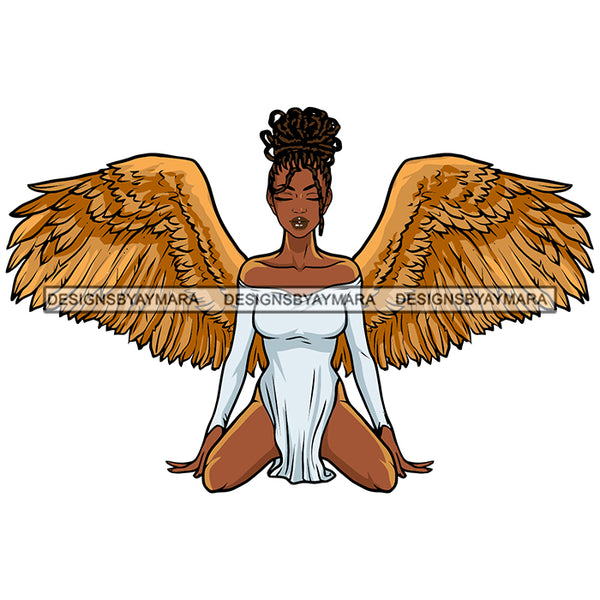 Black Woman Sitting White Dress Gold Fairy Wings Melanin Girl Magic African American Lady SVG JPG PNG Vector Clipart Cricut Silhouette Cut Cutting
