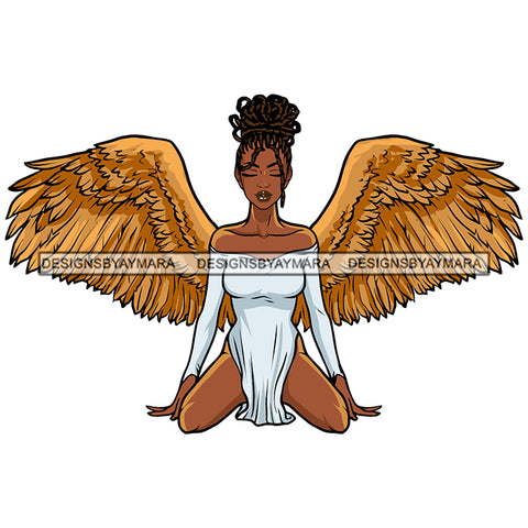 Black Woman Sitting White Dress Gold Fairy Wings Melanin Girl Magic African American Lady SVG JPG PNG Vector Clipart Cricut Silhouette Cut Cutting