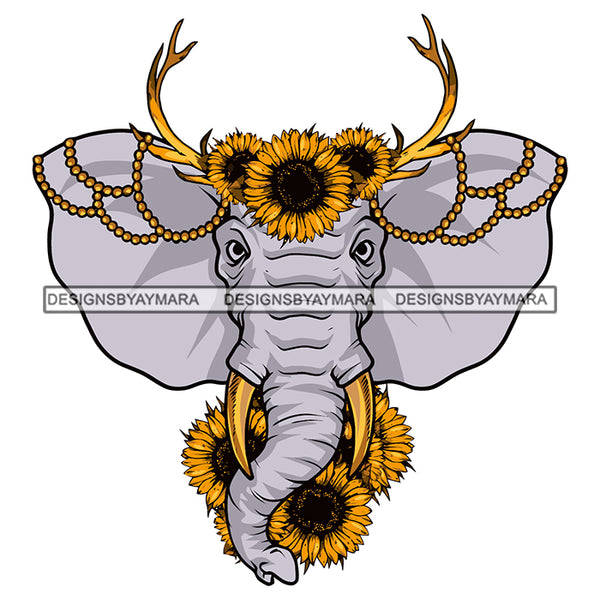 White Elephant Gold Horns Teeth Sunflowers SVG JPG PNG Vector Clipart Cricut Silhouette Cut Cutting
