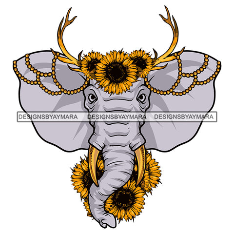 White Elephant Gold Horns Teeth Sunflowers SVG JPG PNG Vector Clipart Cricut Silhouette Cut Cutting