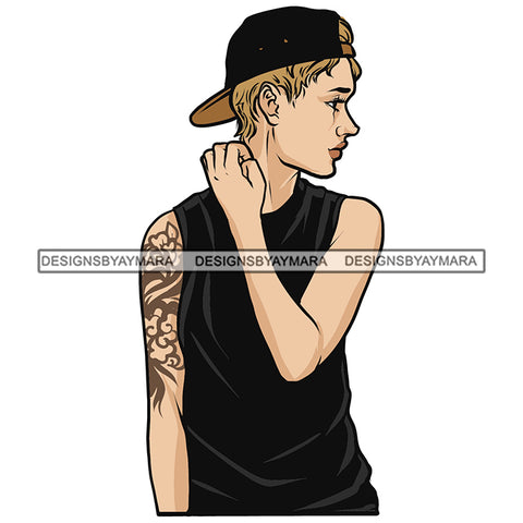 Teenage White Boy Arm Tattoo Man Wearing Black Sleeveless Shirt Hat Holding Phone SVG JPG PNG Vector Clipart Cricut Silhouette Cut Cutting