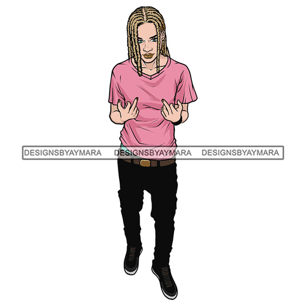 Gay Boy Showing Middle Fingers Homosexual in Pink Shirt Black Pent Sneakers Long Hairs SVG JPG PNG Vector Clipart Cricut Silhouette Cut Cutting