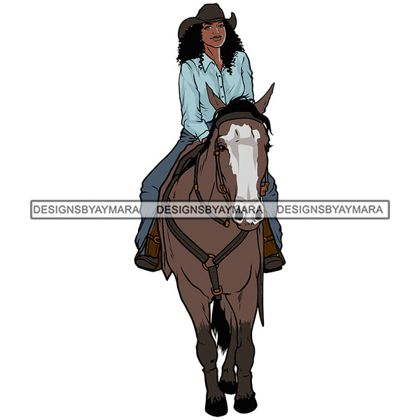 Cowgirl Riding Horse Black Girl Hat Black Hairs Black Woman Magic Melanin Nubian African American Lady SVG JPG PNG Vector Clipart Cricut Silhouette Cut Cutting
