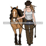 White Sexy Cowgirl Walking with Horse Girl Blonde Hairs Wearing Black Hat Lady SVG JPG PNG Vector Clipart Cricut Silhouette Cut Cutting