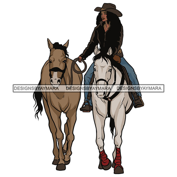Cowgirl Riding White Horse Holding Hunter Double Two Horses Black Girl Hat Black Hairs Black Woman Magic Melanin Nubian African American Lady SVG JPG PNG Vector Clipart Cricut Silhouette Cut Cutting
