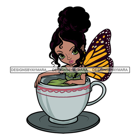 Cute White Girl Baby Kid Fairy Butterfly Dress Black Hairs Sitting Coffee Cup Mug SVG JPG PNG Vector Clipart Cricut Silhouette Cut Cutting