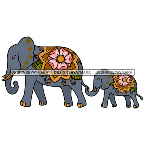 Two Blue Elephants Walking Mother Baby Elephant Colorful Flower Print Animals SVG JPG PNG Vector Clipart Cricut Silhouette Cut Cutting