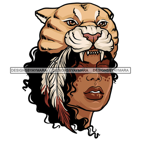 Nubian Woman Face Black Hairs Wearing Lion Mouth Teeth Feather Cap Dangerous Horror Hat Melanin Black Girl Magic African American Lady SVG JPG PNG Vector Clipart Cricut Silhouette Cut Cutting