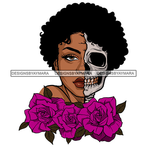 Nubian Woman Half Face Black Hairs Purple Rose Flowers Dangerous Horror Skeleton Skull Head Melanin Black Girl Magic African American Lady SVG JPG PNG Vector Clipart Cricut Silhouette Cut Cutting