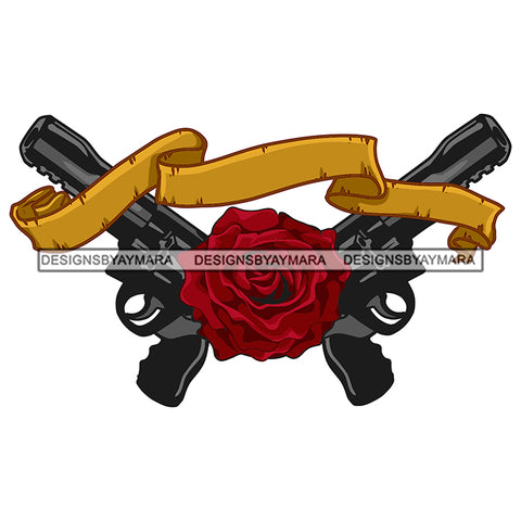 Two Double Black Revolver Guns Gangster Red Rose Yellow Ribbon SVG JPG PNG Vector Clipart Cricut Silhouette Cut Cutting