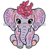 Blue Elephant Sitting Colorful Print Pink Flowers Head Animals SVG JPG PNG Vector Clipart Cricut Silhouette Cut Cutting