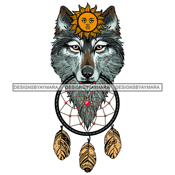 Black Wolf Face Holding Dreamcatcher Yellow Sun Dreamlike Paranormal Ethereal Mystery Spirituality .SVG .EPS .PNG Vector Clipart Digital Download Circuit Cut Cutting