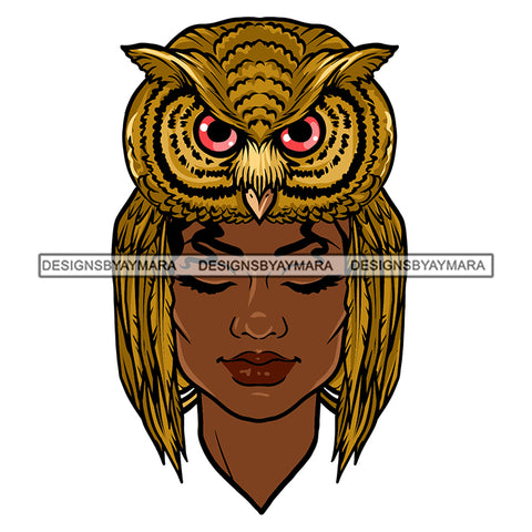 Nubian Woman Face Wearing Owl Cap Dangerous Horror Hat Melanin Black Girl Magic African American Lady SVG JPG PNG Vector Clipart Cricut Silhouette Cut Cutting