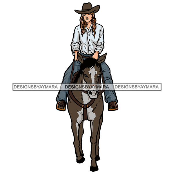 White Cowgirl Riding Horse Girl Wearing Pant Shirt Blonde Hairs Wearing Brown Hat Lady SVG JPG PNG Vector Clipart Cricut Silhouette Cut Cutting
