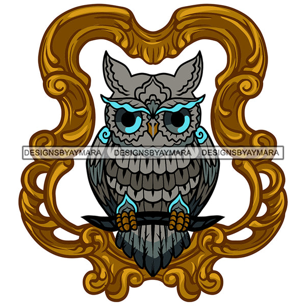 Blue Colorful Owl Sitting On Branch Gold Border Dangerous Horror SVG JPG PNG Vector Clipart Cricut Silhouette Cut Cutting