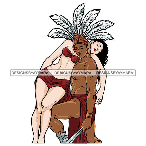 Native Indian Man Wearing White Feathers Crown Holding White Hot Girl In Red Bikini Black Curly Hairs American Melanin Nubian Boy SVG JPG PNG Vector Clipart Cricut Silhouette Cut Cutting