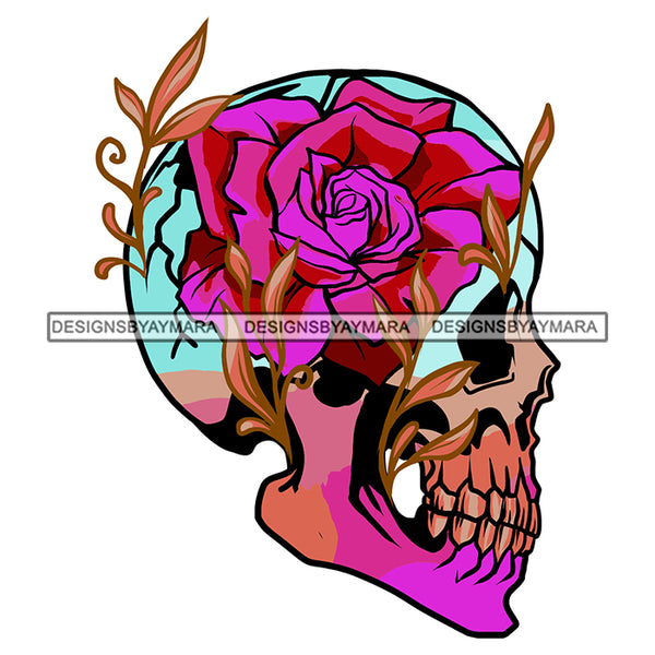Human Horror Colorful Rose Flower Tattoo Skeleton Scary Bone Skull Head Bone Evil Face Gold Leaves SVG JPG PNG Vector Clipart Cricut Silhouette Cut Cutting