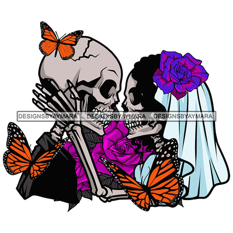Human Horror Colorful Rose Flowers Butterfly Tattoo Couple Skeleton True Love Butterflies Scary Bone Skull Head Bone Evil Face Gold Leaves SVG JPG PNG Vector Clipart Cricut Silhouette Cut Cutting