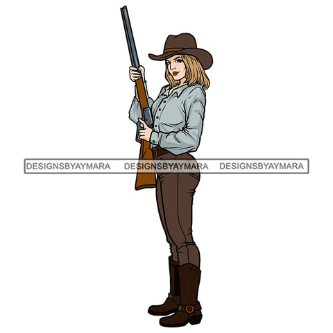 Hot White Cowgirl Wearing Pant Shirt Holding Gun Rifle Brown Hat Blonde Hairs Woman Lady SVG JPG PNG Vector Clipart Cricut Silhouette Cut Cutting