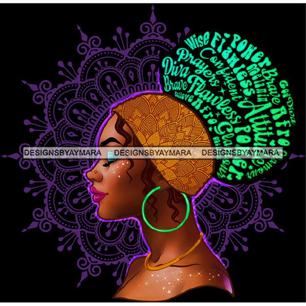 Flawless Prayers Wise Diva Afro Black Woman  Words Gold Headwrap Green Hoops Earrings  JPG PNG  Clipart Cricut Silhouette Cut Cutting