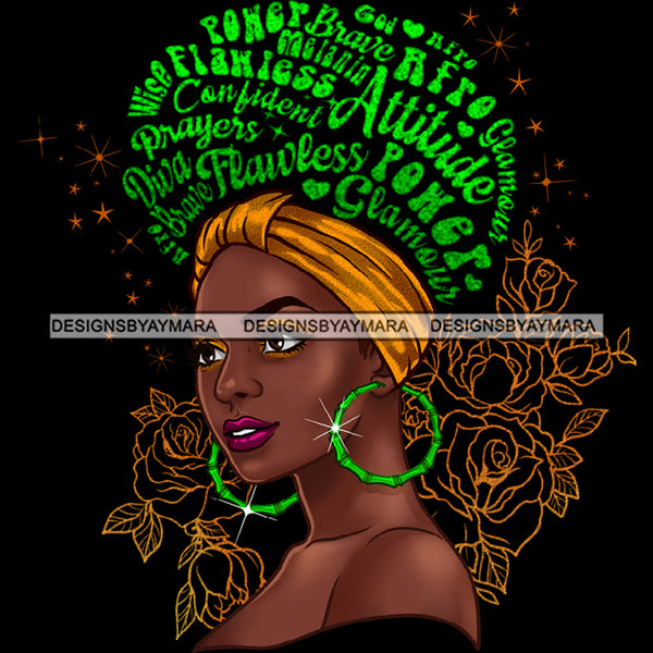 Flawless Powerful Black Afro Woman Green Word Hair Headwrap  Green Hoop Earrings JPG PNG  Clipart Cricut Silhouette Cut Cutting