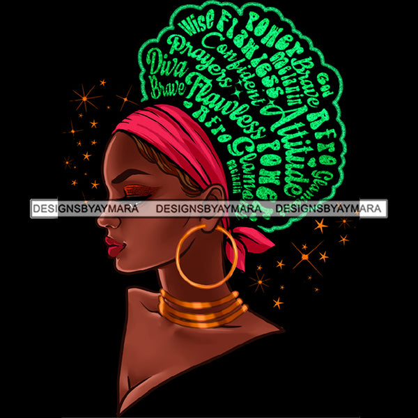 Flawless Powerful Black Afro Woman Green Word Hair Pink Headwrap Gold Earrings JPG PNG  Clipart Cricut Silhouette Cut Cutting