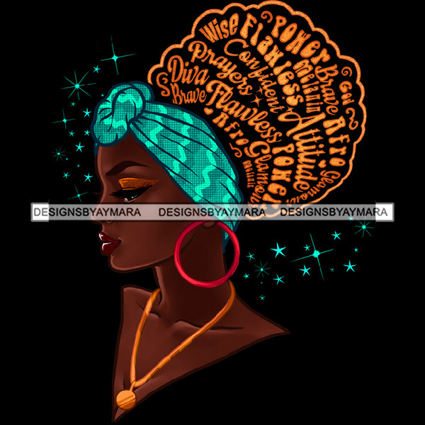 Flawless Wise Power Diva Afro Black Woman  Words Blue Headwrap Red Hoops Earrings  JPG PNG  Clipart Cricut Silhouette Cut Cutting