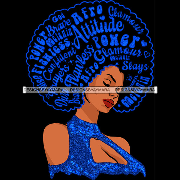 Black Queen In Blue Glitter With Big Afro Words JPG PNG  Clipart Cricut Silhouette Cut Cutting