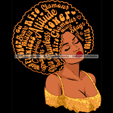 Black Queen In Gold Glitter With Big Afro Words Head Back JPG PNG  Clipart Cricut Silhouette Cut Cutting