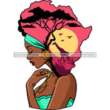 Black Woman Lady Africa Continent Shape Head Turquoise Drape Dress Pink Giraffe Trees Sun Headwrap Braids Locs Side View Gold Necklace Earring Clipart Graphic  Skillz JPG PNG  Clipart Cricut Silhouette Cut Cutting