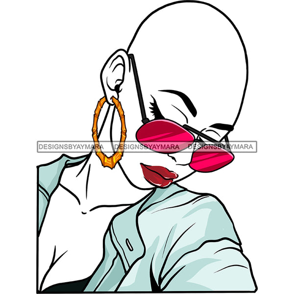 Bald Black Woman Red Pink Sunglasses Red Lips Blue Blouse Shirt Eyes Closed Bent Head Gold Hoops Transparent Clipart Graphic  Skillz JPG PNG  Clipart Cricut Silhouette Cut Cutting