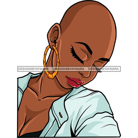 Bald Black Woman Red Lips Blue Blouse Shirt Eyes Closed Bent Head Gold Hoops Clipart Graphic  Skillz JPG PNG  Clipart Cricut Silhouette Cut Cutting
