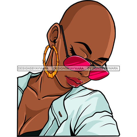 Bald Black Woman Red Sunglasses Lips Blue Blouse Shirt Eyes Closed Bent Head Gold Hoops Clipart Graphic  Skillz JPG PNG  Clipart Cricut Silhouette Cut Cutting
