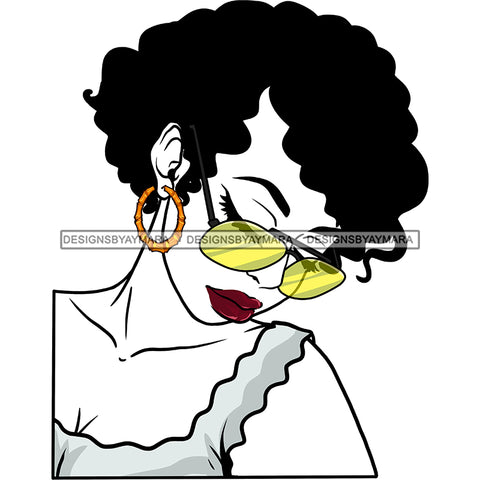Curly Hair Black Woman Yellow Sunglasses Red Lips Blue Top Eyes Closed Bent Head Gold Hoops Transparent Clipart Graphic  Skillz JPG PNG  Clipart Cricut Silhouette Cut Cutting