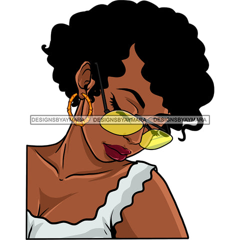Curly Hair Black Woman Brown Lady Yellow Sunglasses Red Lips Blue Top Eyes Closed Bent Head Gold Hoops Clipart Graphic  Skillz JPG PNG  Clipart Cricut Silhouette Cut Cutting