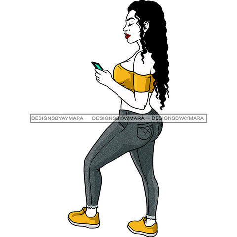 Young Black Woman Jeans Yellow Halter Top Cellphone Mobile Yellow Sneakers Hips Transparent Coloring Clipart Graphic  Skillz JPG PNG  Clipart Cricut Silhouette Cut Cutting